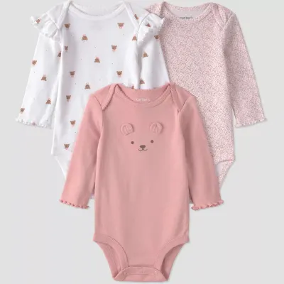 Carter's Just One You Pack 3 Bodies de Manga Comprida com Ursos para Bebé Menina - Rosa-claro