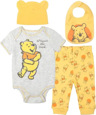 Disney Winnie the Pooh Ensemble 4 Pièces Body, Pantalon, Bavoir et Bonnet Bébé - Jaune