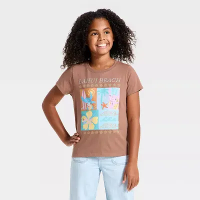 Disney Stitch e Angel T-shirt Estampada de Manga Curta para Menina - Castanho