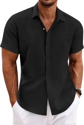 COOFANDY Camisa Linho Manga Curta Homem Preto