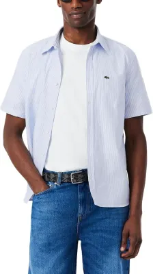 Lacoste Camisa Oxford Regular Fit Manga Curta CH1917-51 Azul-Claro