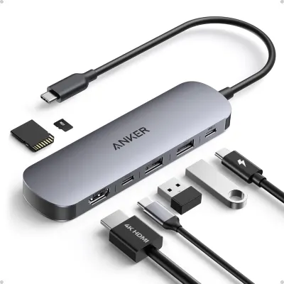 Hub USB-C Anker 7 em 1 (A83D2) - HDMI 4K@60Hz, USB 3.0, SD/TF - PC - Portátil