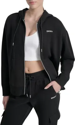 DKNY Casaco com Capuz Fecho Logótipo Tachas Mulher Preto