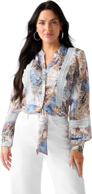 GUESS Top Eco Zahara Manga Comprida Laço Estampado Leopardo Tropical