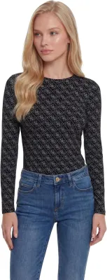 GUESS Top Teodora Manga Comprida Decote Barco Monograma 4G Preto