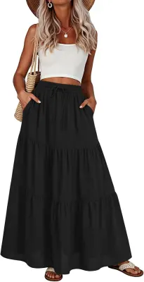Addtoo Saia Maxi Plissada em Camadas com Cintura Elástica e Bolsos para Mulher