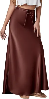 Saia Maxi em Cetim de Cintura Subida com Cordão e Folhos para Mulher