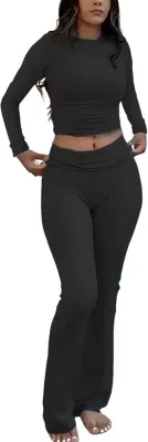 ZFLM Conjunto Desportivo de 2 Peças com Top de Manga Comprida e Leggings Evasé para Mulher