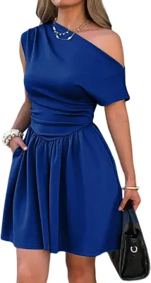 Mieazom Mini Vestido Mulher Ombro Descaído com Bolsos Azul Royal