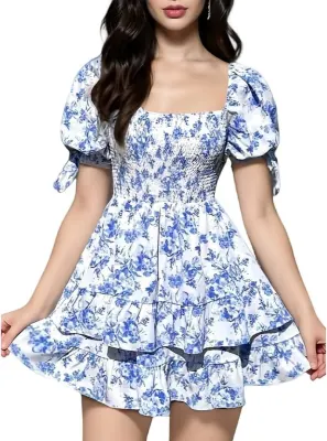Vestido Floral Decote V com Folhos Mulher