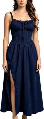 ABEHIK Vestido Midi Abertura Costas Branco Preto Azul-Marinho M L